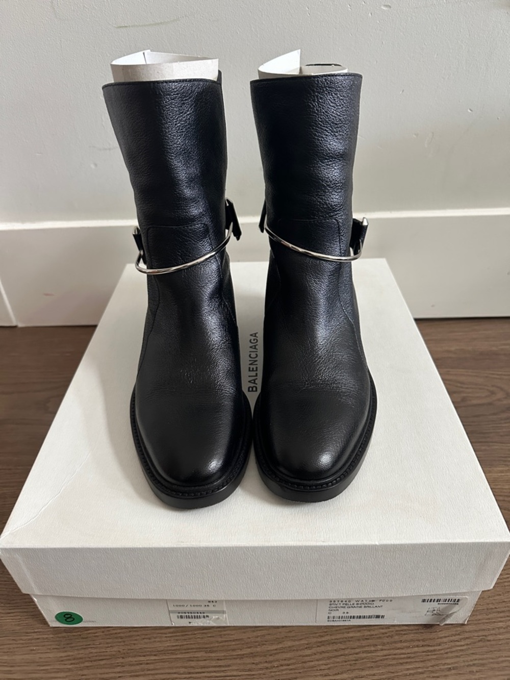 Balenciaga Black Leather Mid-Calf Boots with Silver Harness